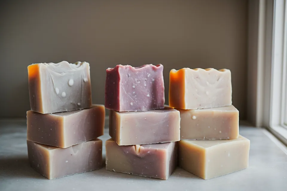 Barras de jabón de glicerina natural terminadas, ejemplo de cosmética casera artesanal