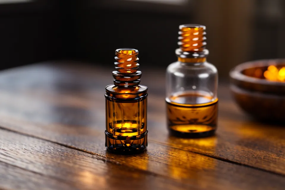Botella de aceite esencial lista para ser añadida a la mezcla de la vela.