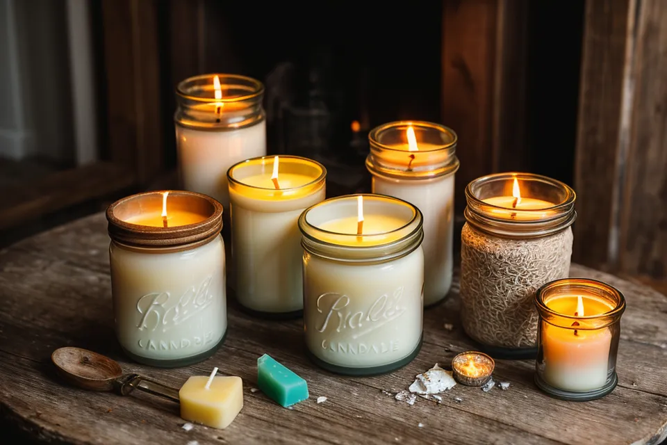 Frascos de vidrio con restos de cera vieja y pabilos quemados, el punto de partida para reutilizar cera de velas