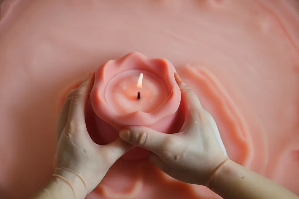 Manos desmoldando con cuidado una vela artesanal con forma de flor