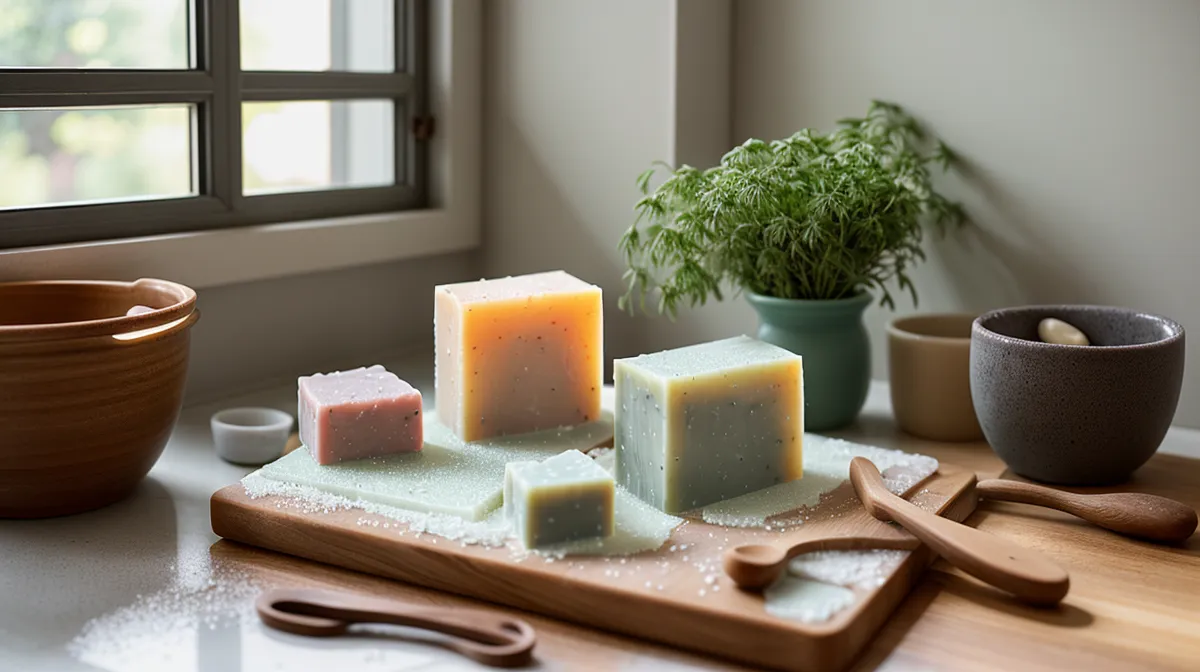 Manualidades en casa: jabones de glicerina y velas artesanales recién terminados sobre la mesa de la cocina