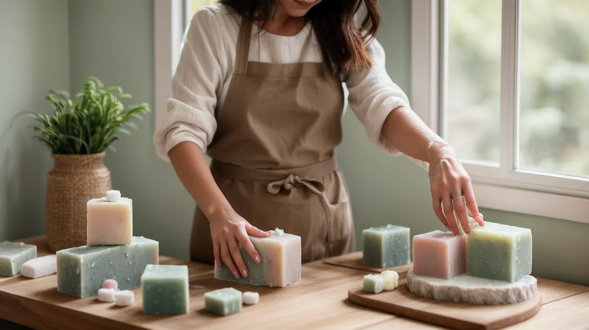 Velas de soja y jabones artesanales sobre el mesón de una cocina en Bogotá, con moldes de silicona y frascos de cera esperando turno