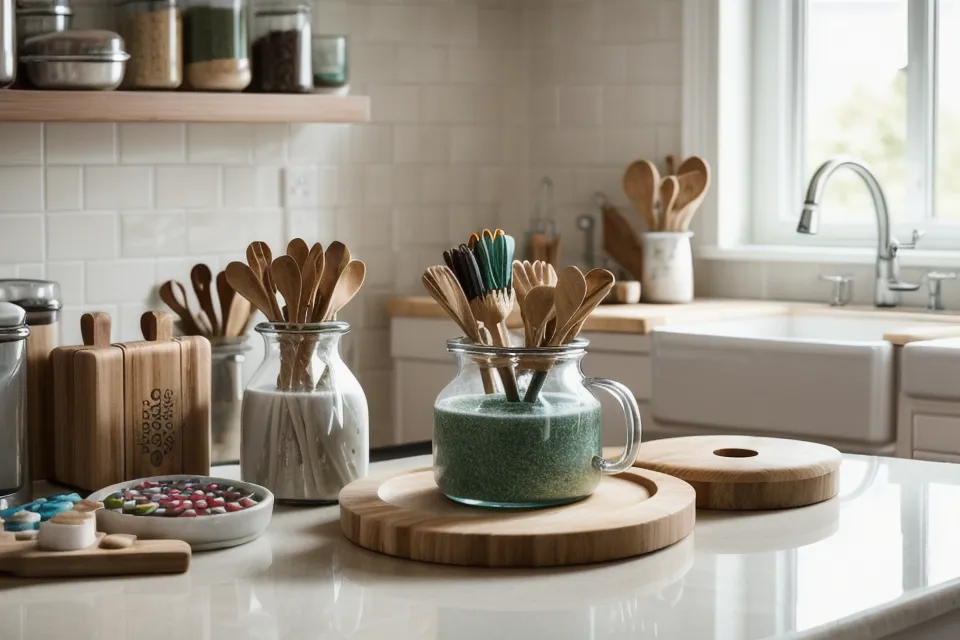 Insumos de manualidades en casa acumulados en una cocina pequeña: bloques de cera, jabón y botellas de catalizador para moldes de silicona